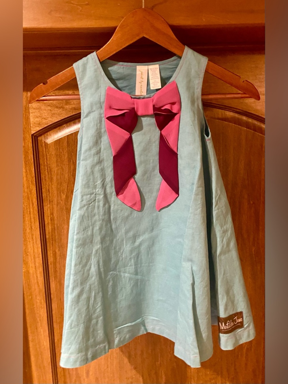 Matilda Jane Turquoise Linen Dress with Pink Bow Accent